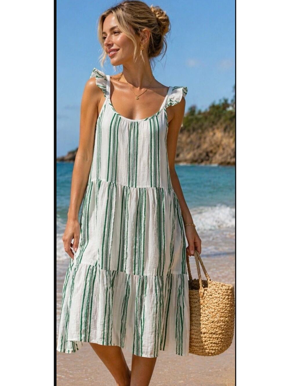 PJ Salvage Green Stripe Cotton Tiered Midi Dress Ruffle Strap Summer Size L